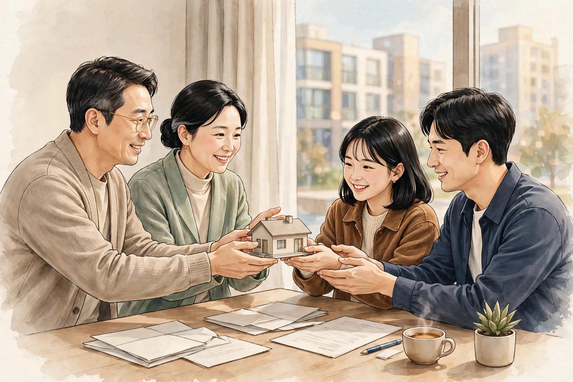 아파트 한 채를 상속받는 가족을 표현한 일러스트