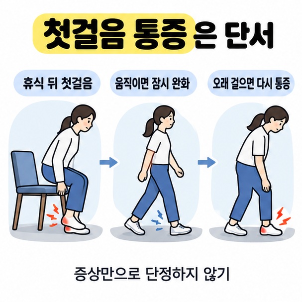 휴식 뒤 첫걸음 통증, 움직이며 잠시 완화, 오래 걸으면 다시 통증의 흐름과 증상만으로 단정하지 말라는 안내