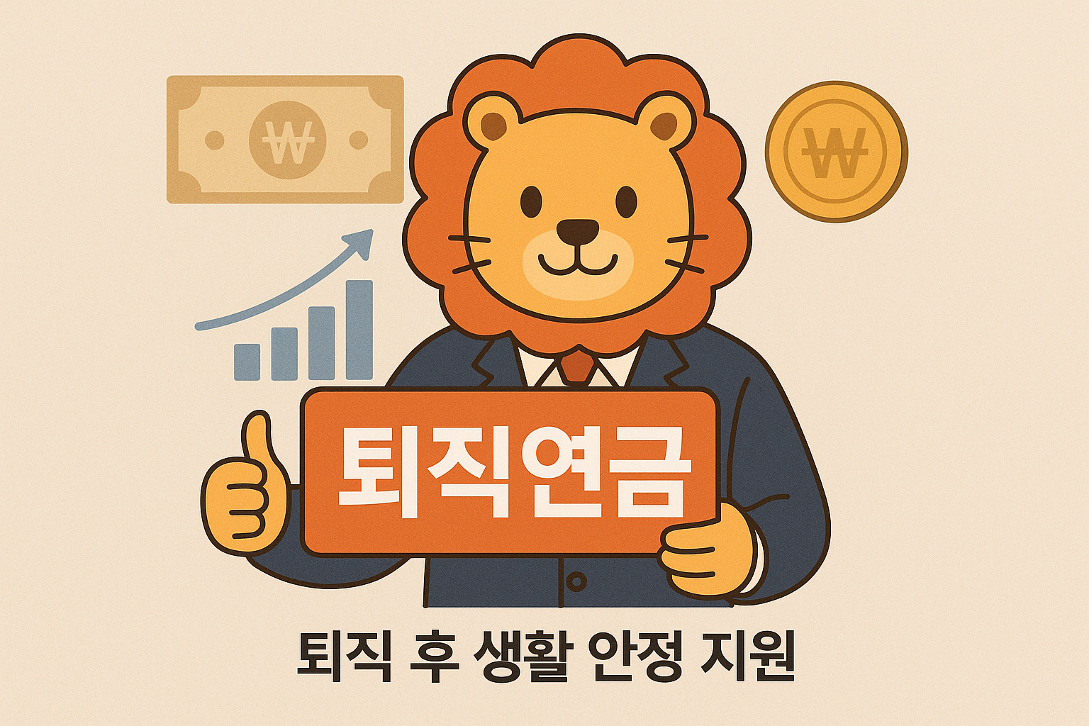 퇴직연금 관련 정보를 홍보하는 이미지. 정장 차림의 사자 캐릭터가 엄지를 치켜세우고 '퇴직연금'이라고 쓰인 팻말을 들고 있습니다. 배경에는 상승 그래프와 원화 지폐 및 동전이 그려져 있으며, 하단에는 **"퇴직 후 생활 안정 지원"**이라는 문구가 있습니다.