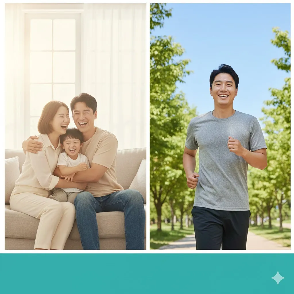 따뜻한 햇살이 비치는 거실에서 가족과 함께 웃으며 즐거운 시간을 보내는 사람, 또는 야외에서 산책하거나 활동적으로 운동하는 건강한 사람의 모습을 그립니다. 전반적으로 밝고 희망찬 색감을 사용하여 독감 회복 후의 긍정적인 변화와 건강한 삶을 되찾은 기쁨을 전달합니다.