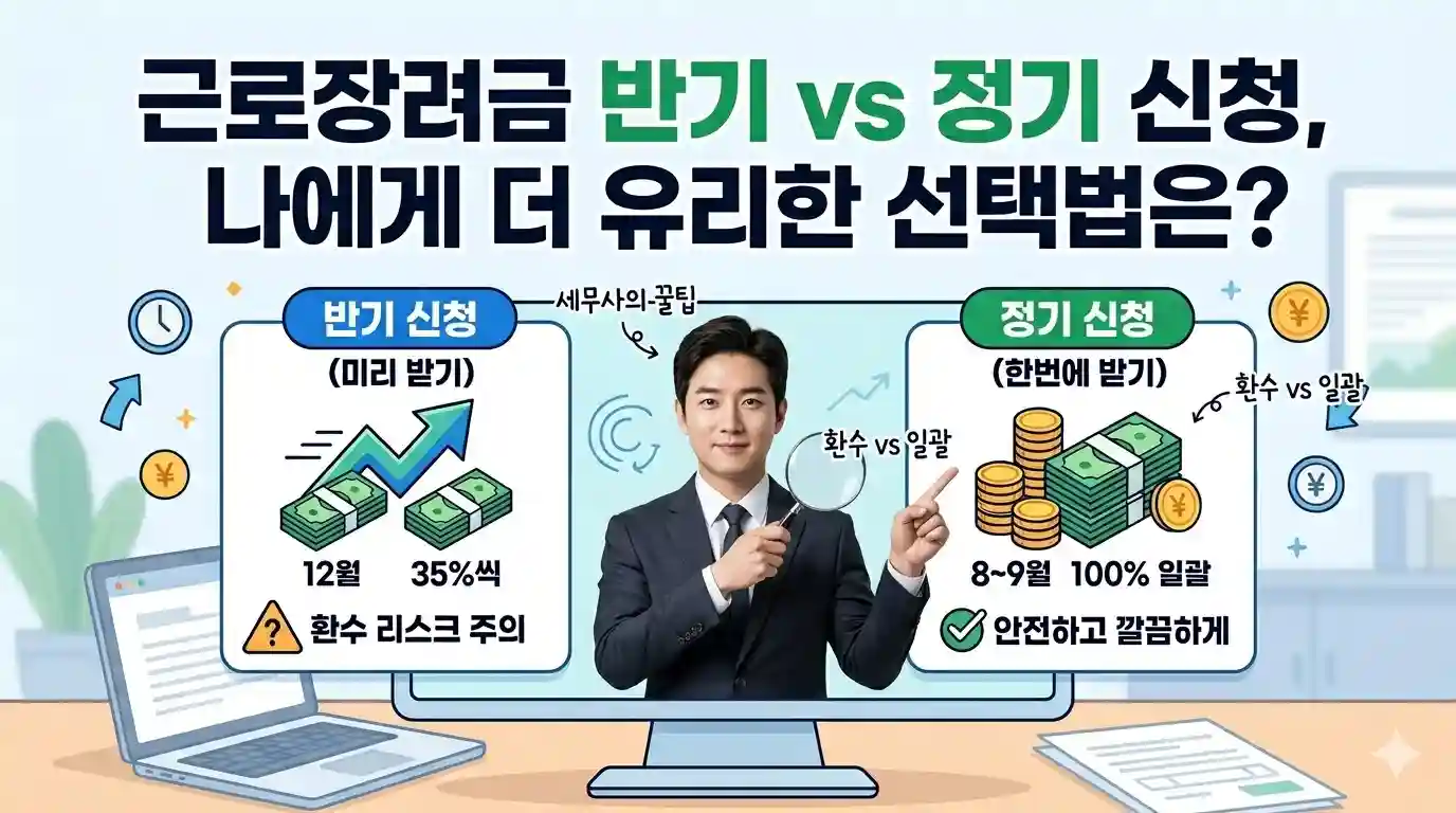 15년 경력 세무사 복장의 남성이 중앙에서 돋보기를 들고 미소 짓고 있는 금융 블로그 메인 썸네일 이미지. 상단에는 큰 글씨로 "근로장려금 반기 vs 정기 신청, 나에게 더 유리한 선택법은?"이라는 타이틀이 적혀 있다. 왼쪽 박스에는 '반기 신청(미리 받기)'에 대한 설명으로 12월 35%씩 지급, 화살표와 지폐 아이콘, 그리고 '환수 리스크 주의'라는 경고 표시가 포함되어 있다. 오른쪽 박스에는 '정기 신청(한번에 받기)'에 대한 설명으로 8~9월 100% 일괄 지급, 쌓여있는 금화와 지폐 아이콘, '안전하고 깔끔하게'라는 체크 표시가 포함되어 있다. 전체적으로 컴퓨터 모니터 화면 안에 정보가 깔끔하게 비교 분석되어 있는 구조이다.