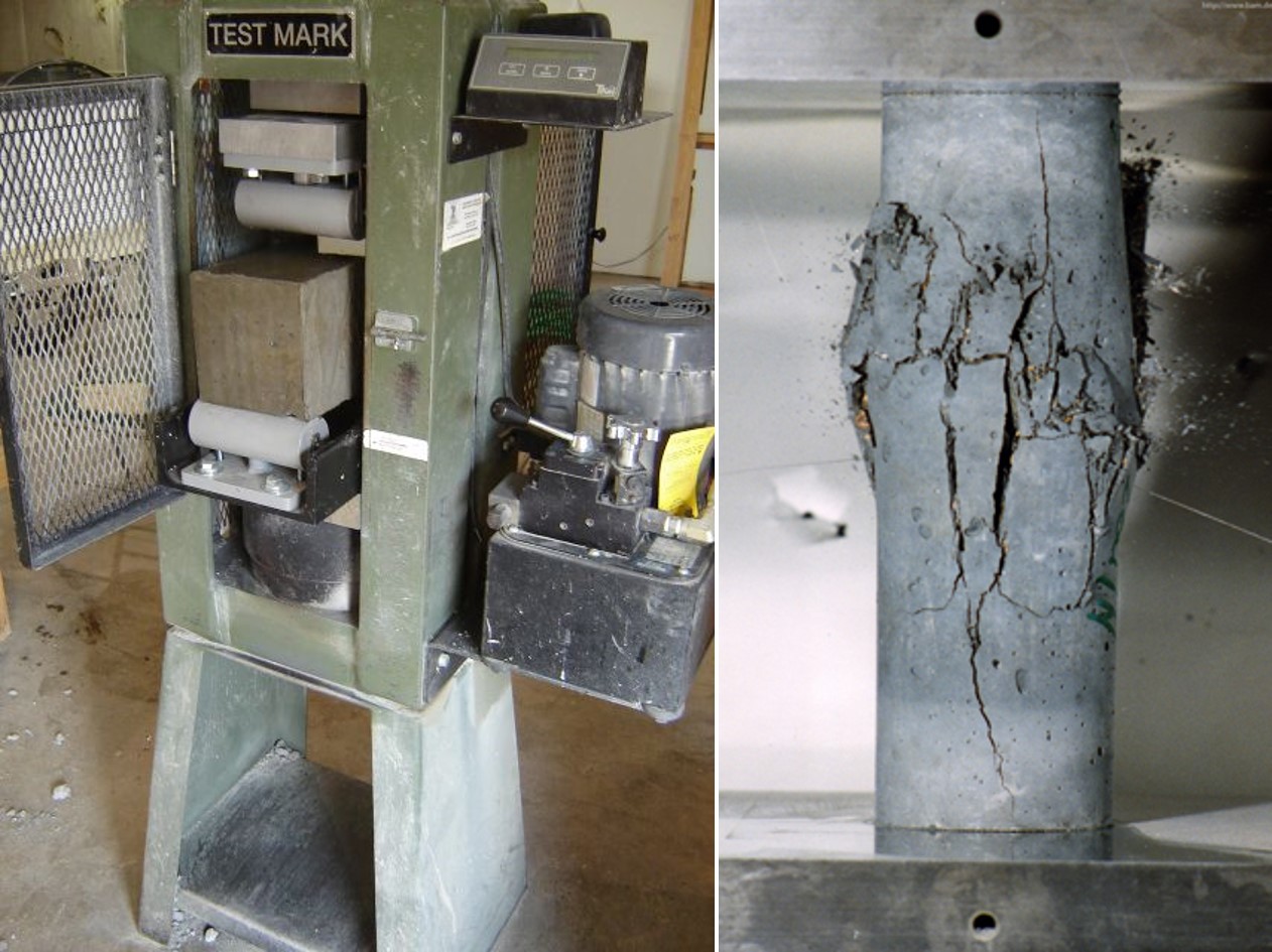 콘크리트 공시체로 압축강도 시험하는 모습