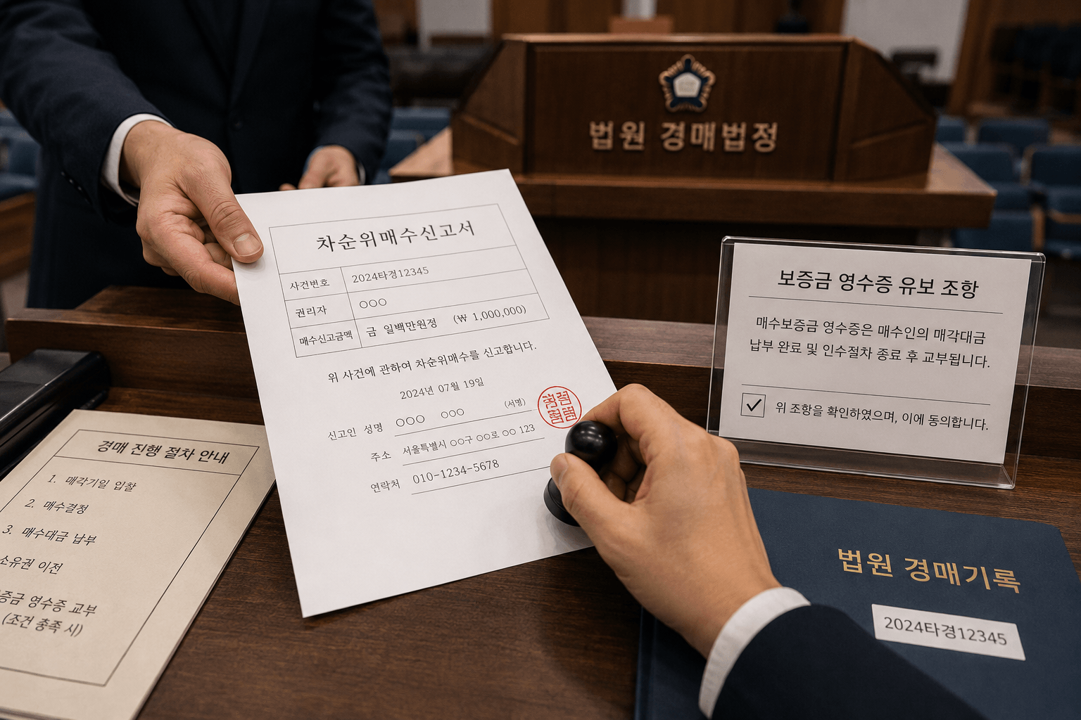 법원 경매단상 앞으로 나아가 집행관이 건네준 차순위매수신고서 양식에 자신의 인감도장을 날인하고 보증금 영수증 유보 조항을 최종 확인하는 모습