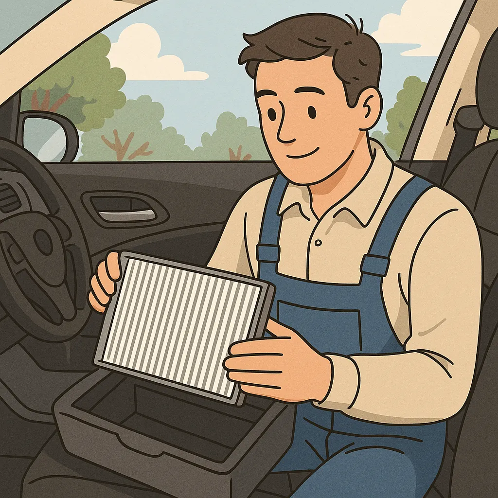 정비사가-자동차-실내-공기필터를-점검하고-교체하는-모습-실내-공기질-유지와-차량-쾌적성을-위해-필터-교체가-중요함을-표현한-장면