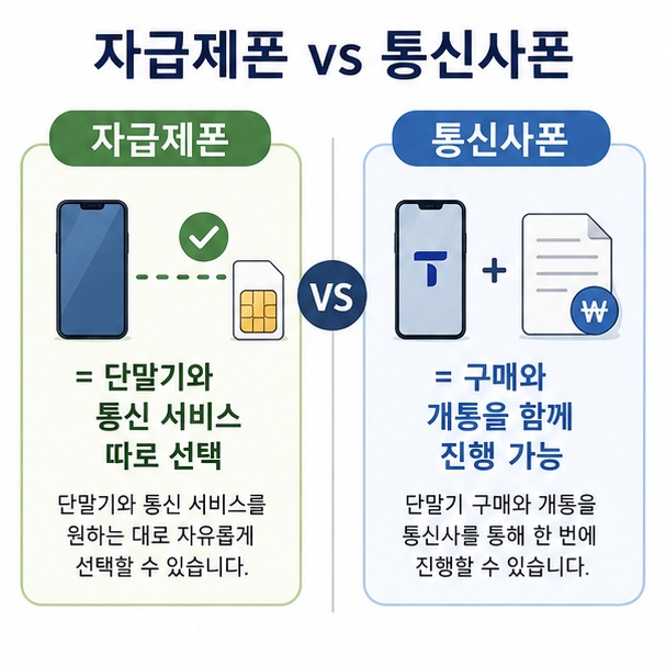단말기와 통신 서비스를 따로 고르는 자급제폰과 구매&middot;개통을 함께 진행할 수 있는 통신사폰의 차이를 비교한 이미지