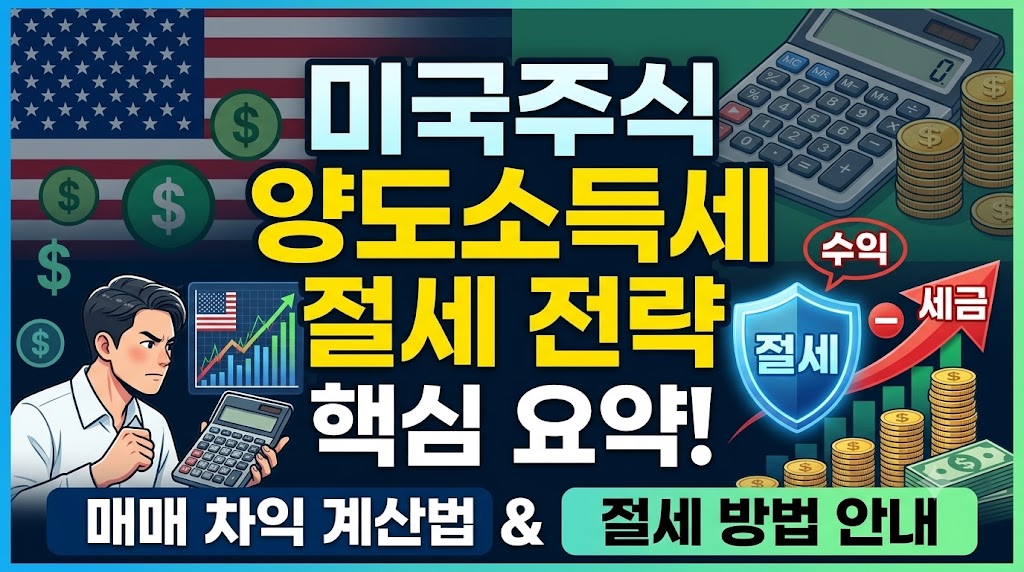 미국 국기와 주식 차트, 계산기, 달러 화폐 일러스트를 배경으로 '미국주식 양도소득세 절세 전략 핵심 요약!'이라는 대형 텍스트와 하단의 '매매 차익 계산법 &amp; 절세 방법 안내' 자막이 담긴 썸네일 이미지
