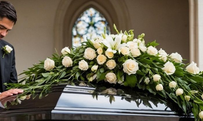 장례식장에 놓인 검은 관과 하얀 꽃 장식. 장례비 지원 항목을 상징하는 이미지