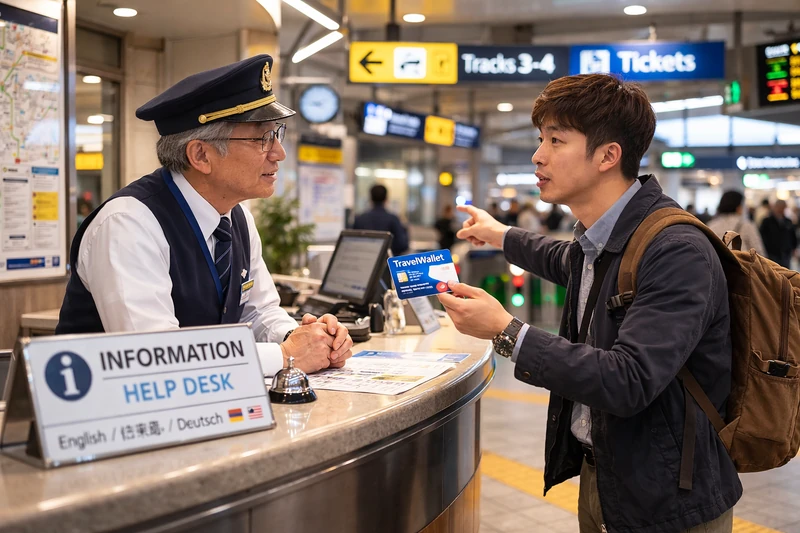 역 안내 데스크에서 30대 한국인 남성 여행객이 트래블월렛 카드를 보여주며 개찰구 방향을 설명하고 있고, 제복을 입은 역 직원이 이를 주의 깊게 듣는 모습