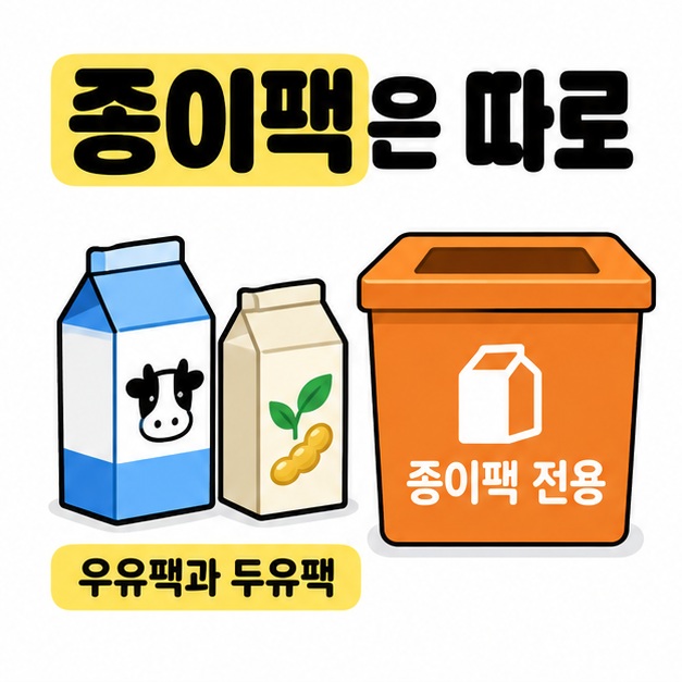 우유팩과 두유팩을 일반 종이와 구분하는 종이팩 전용 수거함과 함께 배치한 안내