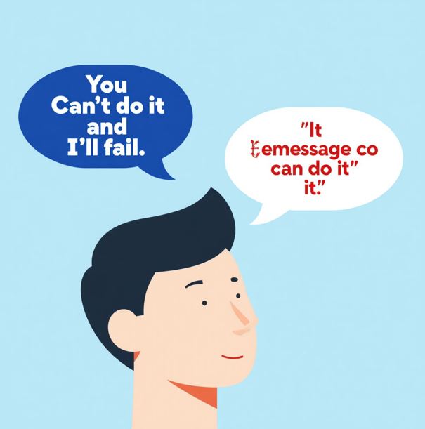 한 사람의 머리 위에 두 개의 말풍선이 있는 모습.
왼쪽에는 비판적 메시지, 오른쪽에는 격려 메시지가 있다.