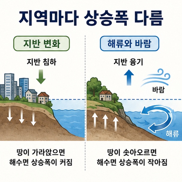 지반 침하와 지각 상승, 해류와 바람 때문에 같은 해수면상승도 지역마다 다르게 나타날 수 있음을 보여주는 그림