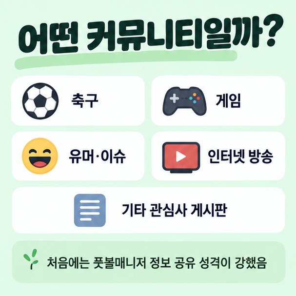 축구 게임 유머 이슈 인터넷 방송 등 에펨코리아의 다양한 게시판 주제를 보여주는 이미지