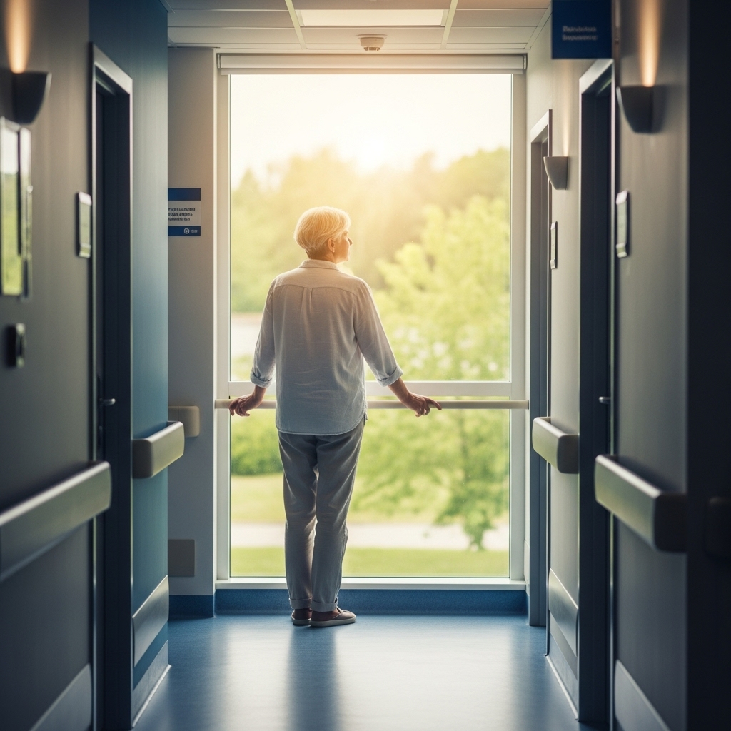 밝고 현대적인 병원 복도에서 창밖의 평화로운 풍경을 바라보는 중년의 사람. 폐암 진단 후 희망과 회복을 향해 나아가는 긍정적인 모습을 담고 있습니다.