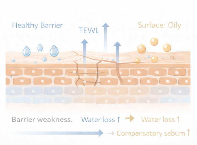 수부지 피부 구조 설명 다이어그램 – 장벽 약화, TEWL 증가, 보상성 피지 분비 과정