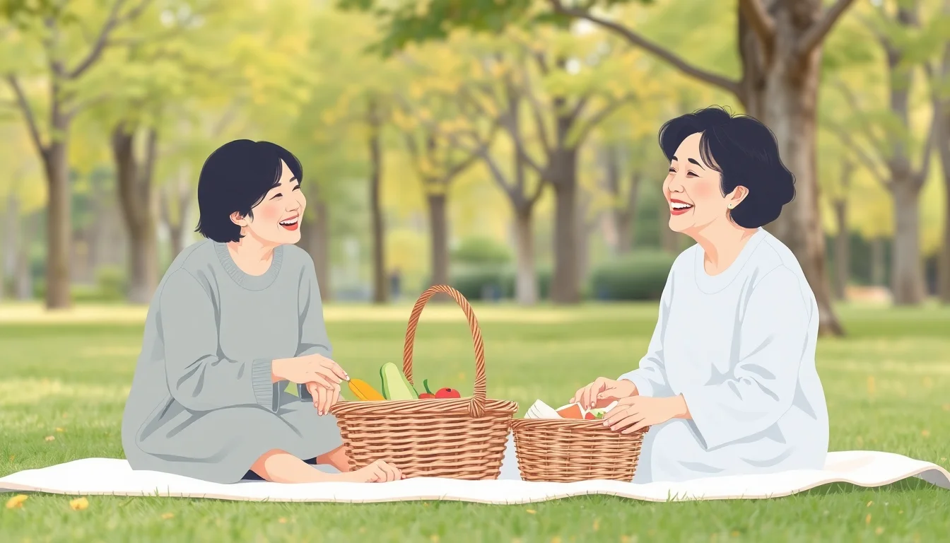 50대 한국 여성 두 명이 공원에서 돗자리에 앉아 웃으며 피크닉 도시락을 즐기고 있다.