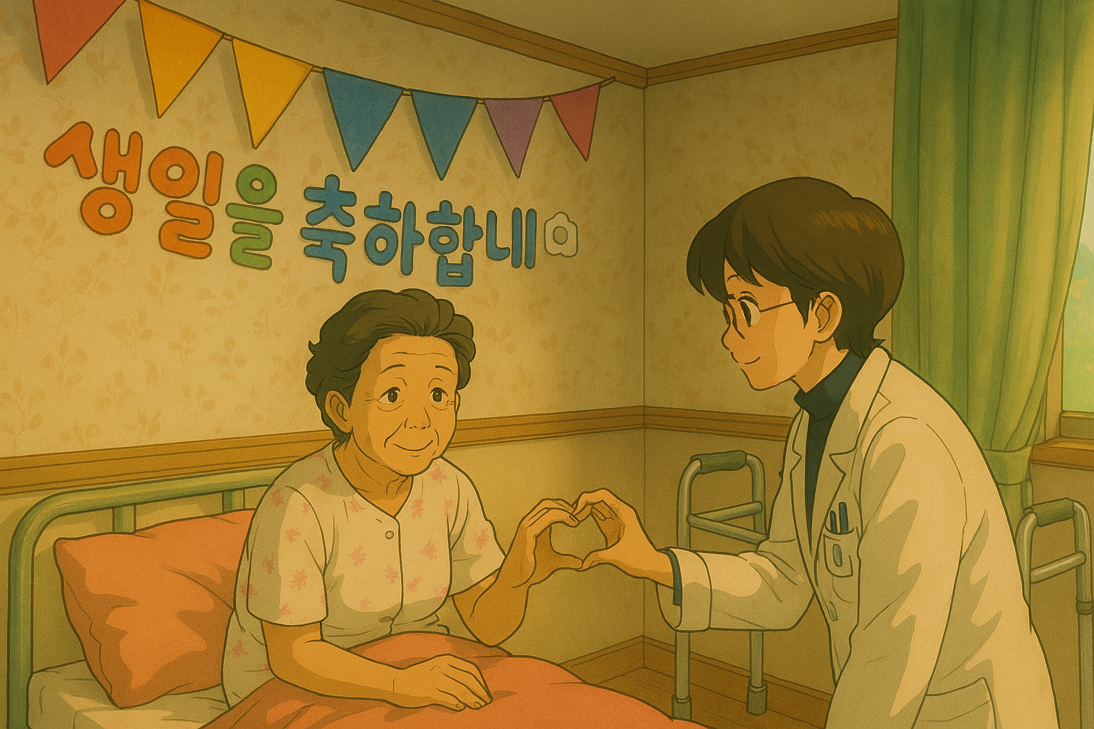 의사 선생님과 함께 손 하트를 나누는 어르신
