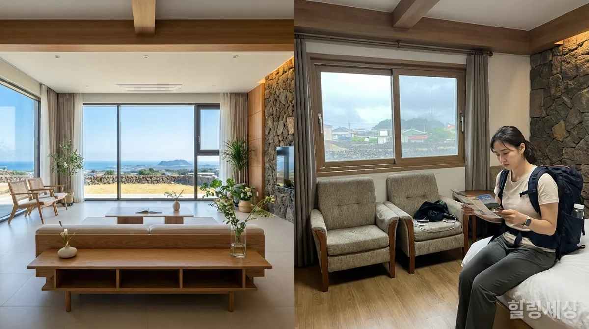 과장 광고된 제주 독채 펜션 사진과 실제 숙소의 대비