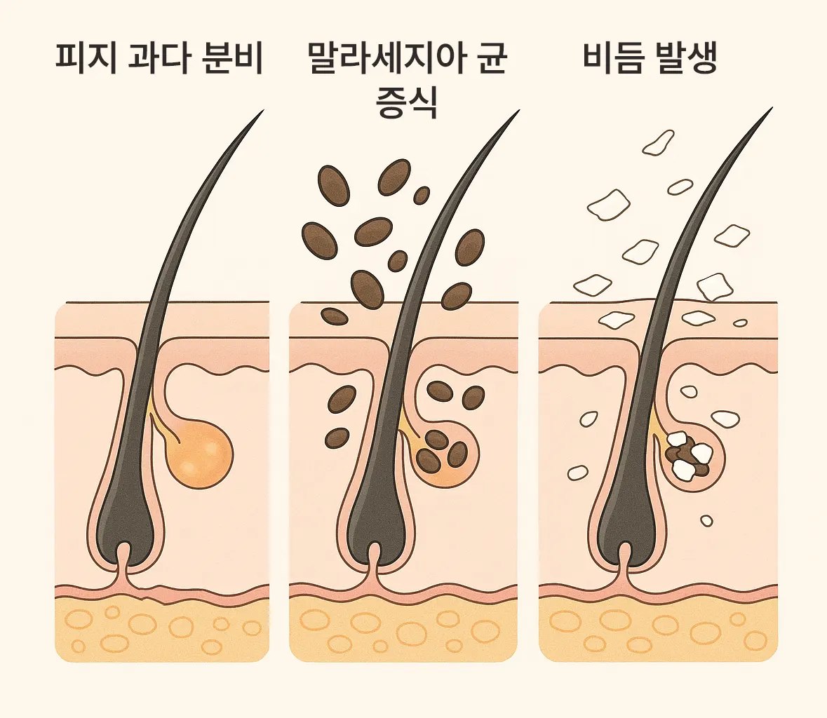 두피 단면 확대 이미지, 모낭과 피지선이 밀집된 구조, 각질 주기(28일)와 비정상적인 빠른 각질 교체 비교 인포그래픽, 말라세지아 균 증식과 피지 분비로 인한 비듬 발생 과정