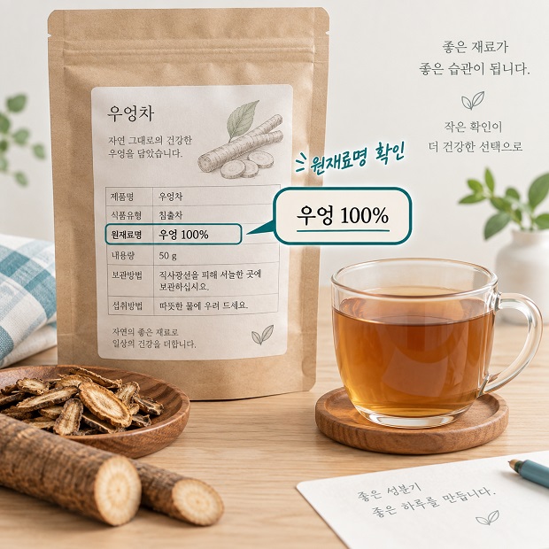 우엉차 제품의 원재료명과 우엉 100퍼센트 표시