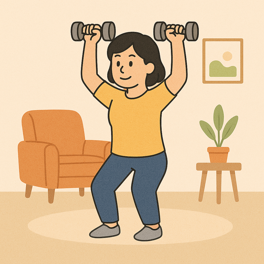 노란 티셔츠와 청바지를 입은 여성이 거실에서 양손에 아령을 들고 어깨 위로 들어 올리는 어깨 프레스 동작을 하는 삽화.