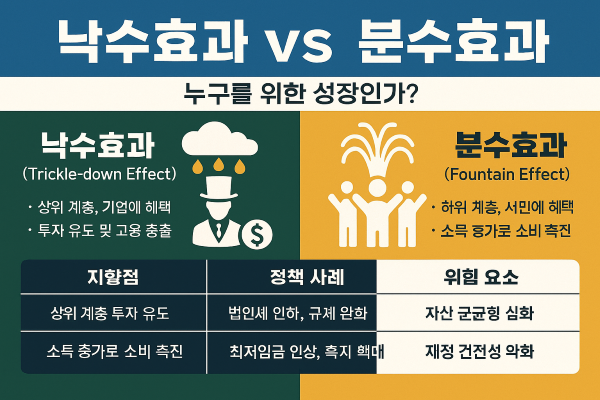 낙수효과와 분수효과의 차이점을 정책 사례, 지향점, 위험 요소별로 비교한 한국어 인포그래픽, 시각적 아이콘과 컬러 분할 포함