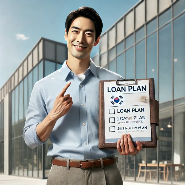 중소기업 사무실 앞에서 융자 계획 문서를 들고 희망적인 표정으로 위를 가리키는 동양인 중년 남성