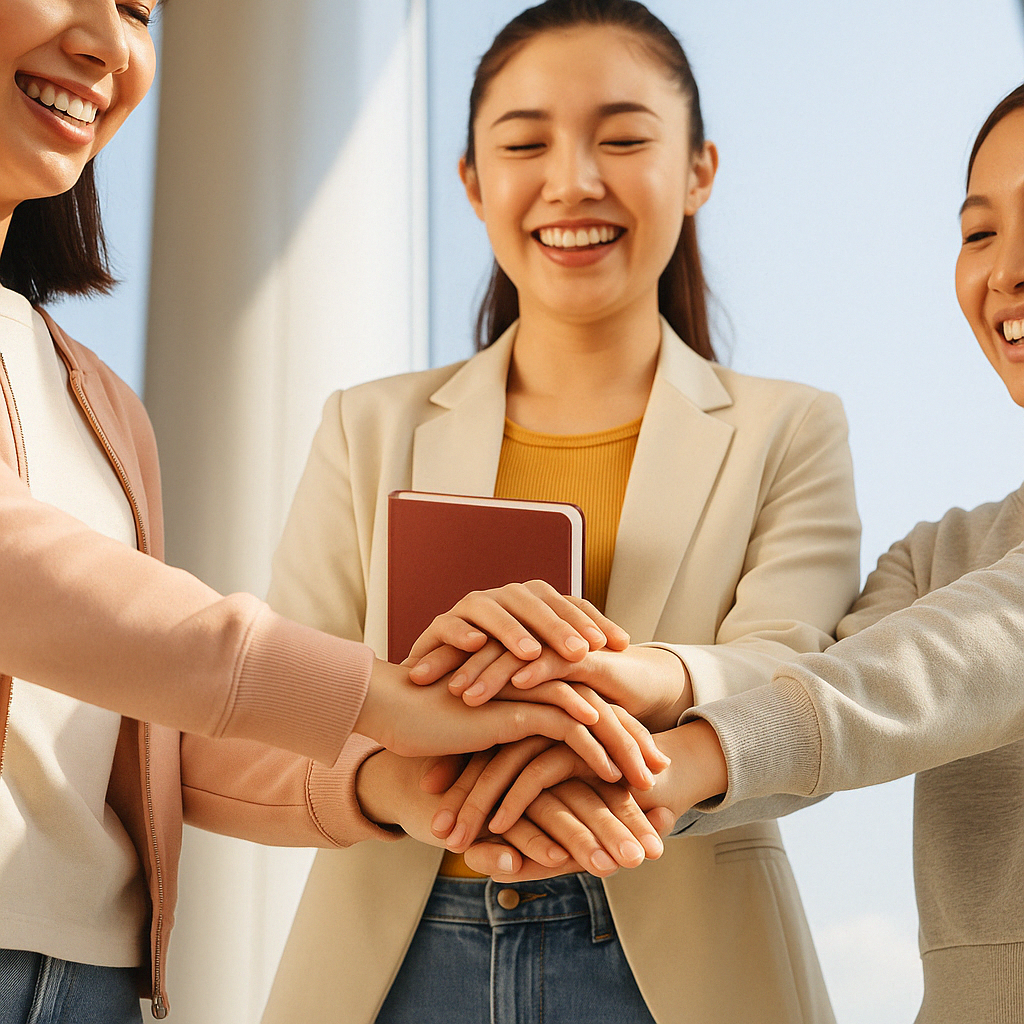 세 명의 여성 구직자가 밝게 웃으며 원형으로 모여 손을 겹겹이 포개고 있는 모습 위로 “나를 위한 도전, 지금 이 순간부터!”라는 문구가 겹쳐진 이미지