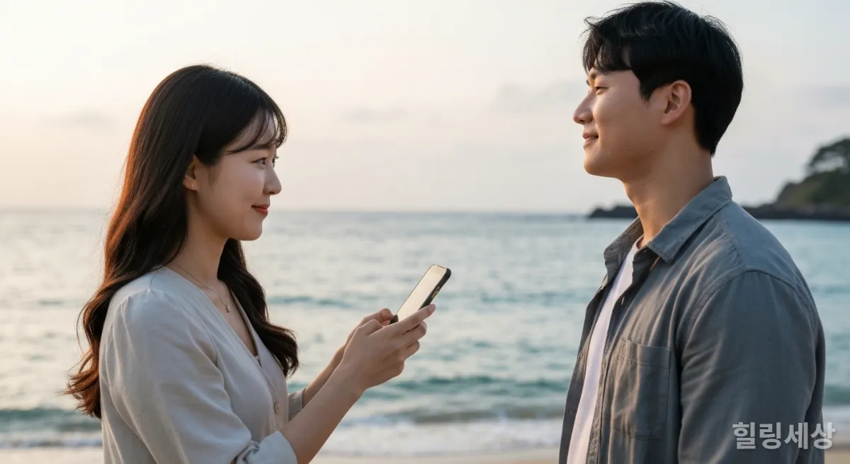 제주도 해변에서 AI 앱으로 맛집을 검색하며 석양을 즐기는 한국인 커플