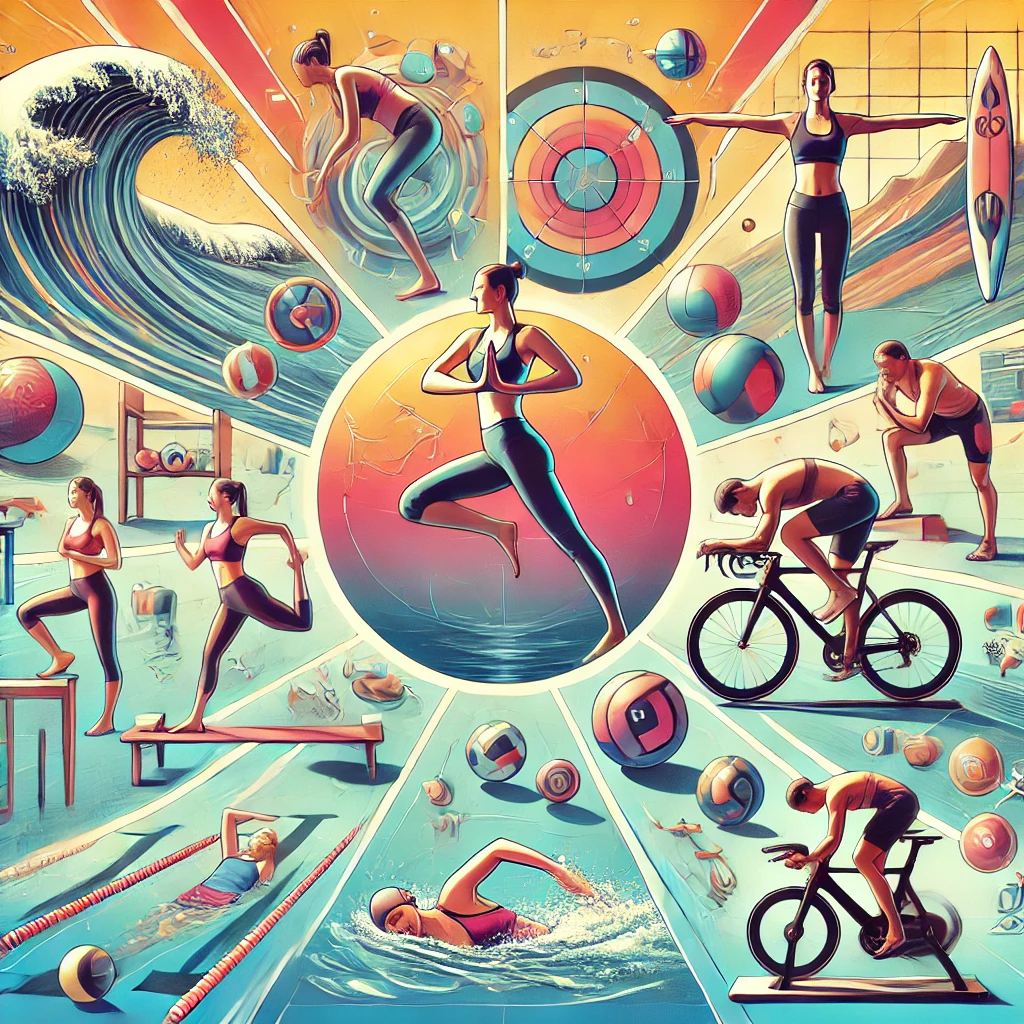 수영, 요가, 실내자전거 운동 설명