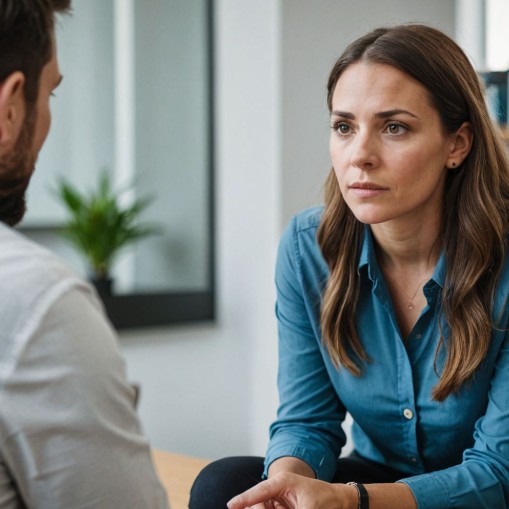 상담 장면에서 사회복지사가 유가족의 감정을 경청하며 지지하는 모습. 사별가족 프로그램 상담 상황을 표현한 이미지