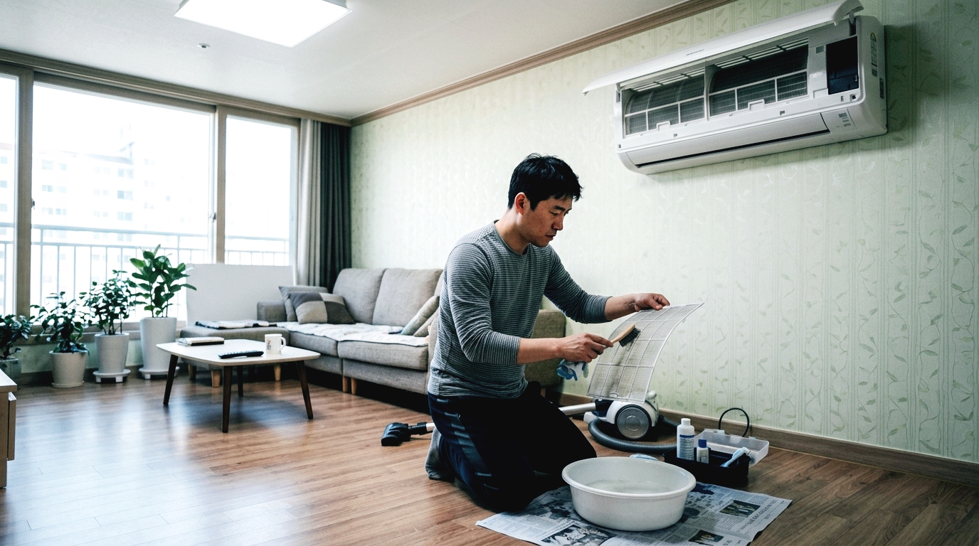 여름 폭염을 대비해 거실 에어컨 필터를 청소하는 모습