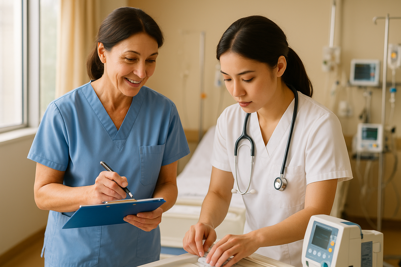 교육전담간호사와 신규 간호사의 실무 교육 장면