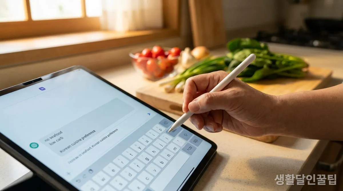 챗GPT에 식단 조건을 입력하는 한국인의 손
