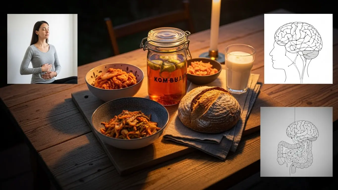 호흡운동&amp;#44; 발효식품&amp;#44; 저녁 조명 조절 등 장-뇌 축 기반 역노화 루틴을 조합한 라이프스타일 이미지