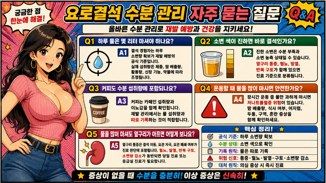요로결석 수분 관리에서 하루 물 섭취량, 소변 색, 커피, 운동 중 수분 섭취, 옆구리 통증 기준을 정리한 Q&A 만화형 인포그래픽