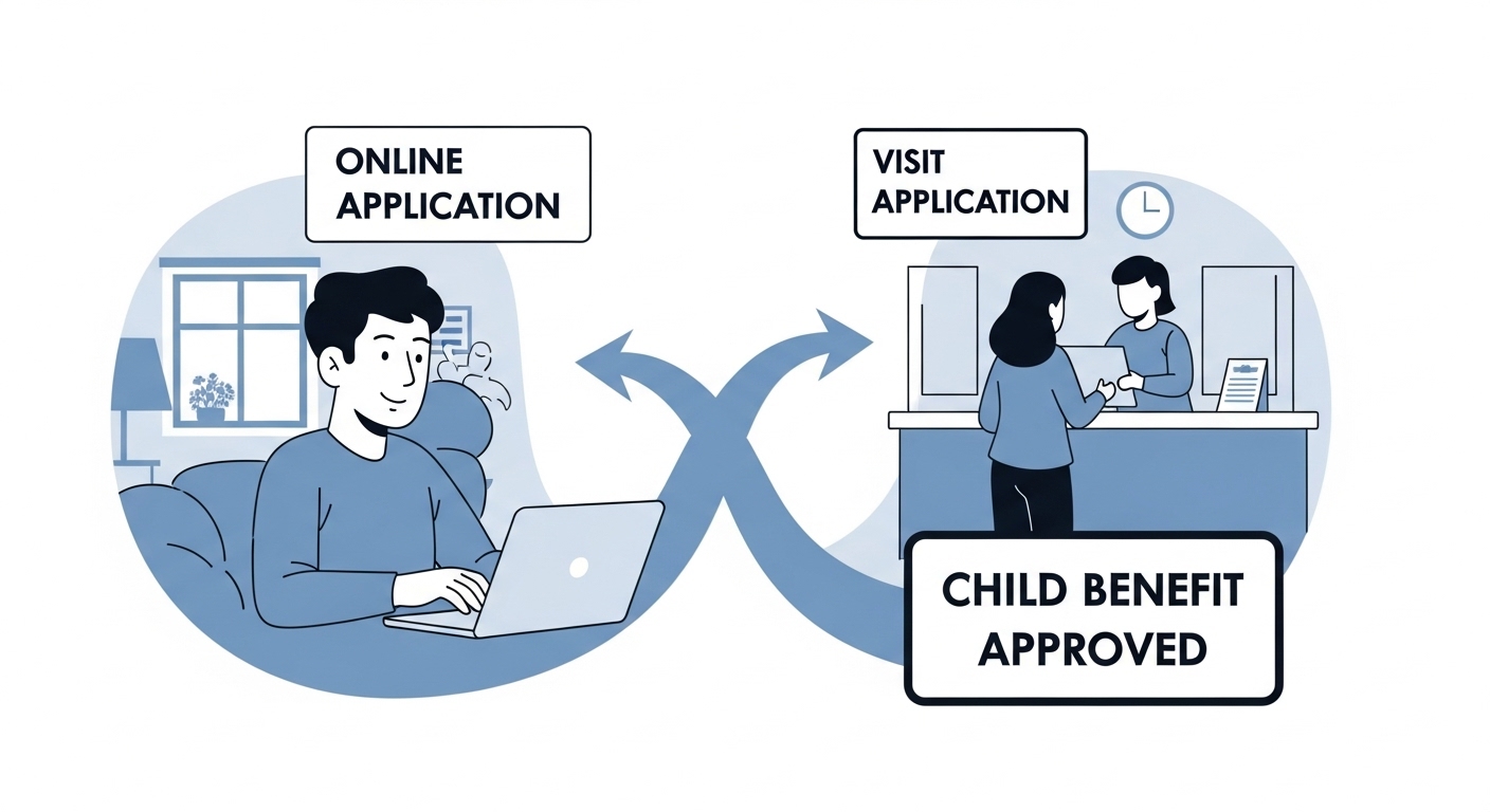 아동수당 온라인 신청과 주민센터 방문 신청 두 가지 방법이 아이콘으로 시각화되어 있는 모습.