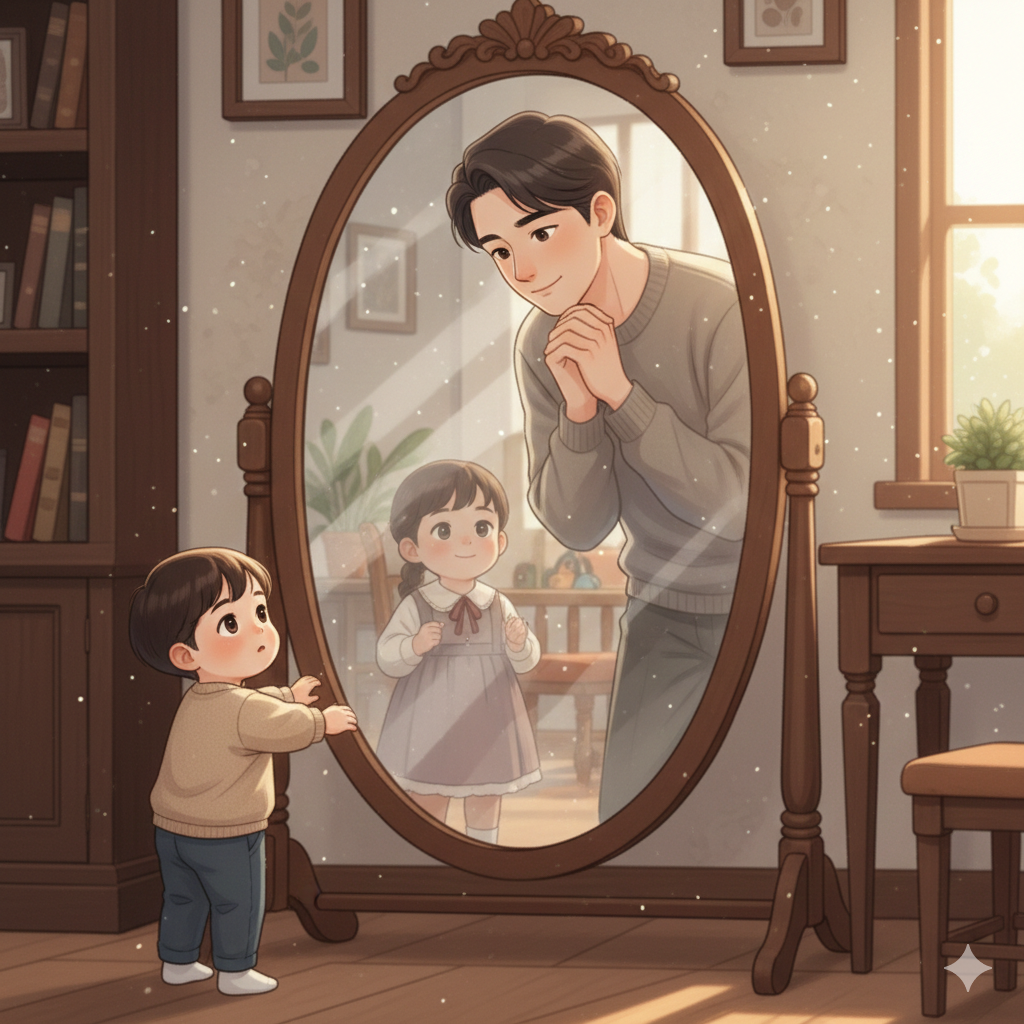 거울 앞에 선 부모의 투영된 모습이 어린 시절의 자신과 겹쳐 보이고, 그 옆에서 아이가 부모의 옷자락을 잡고 있는 감성적인 일러스트