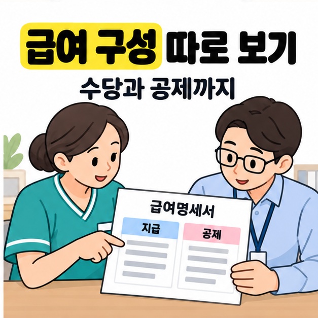 급여 구성 따로 보기와 수당과 공제까지라는 문구 아래 요양보호사와 담당자가 지급과 공제로 나뉜 급여명세서를 함께 확인하고 있다.