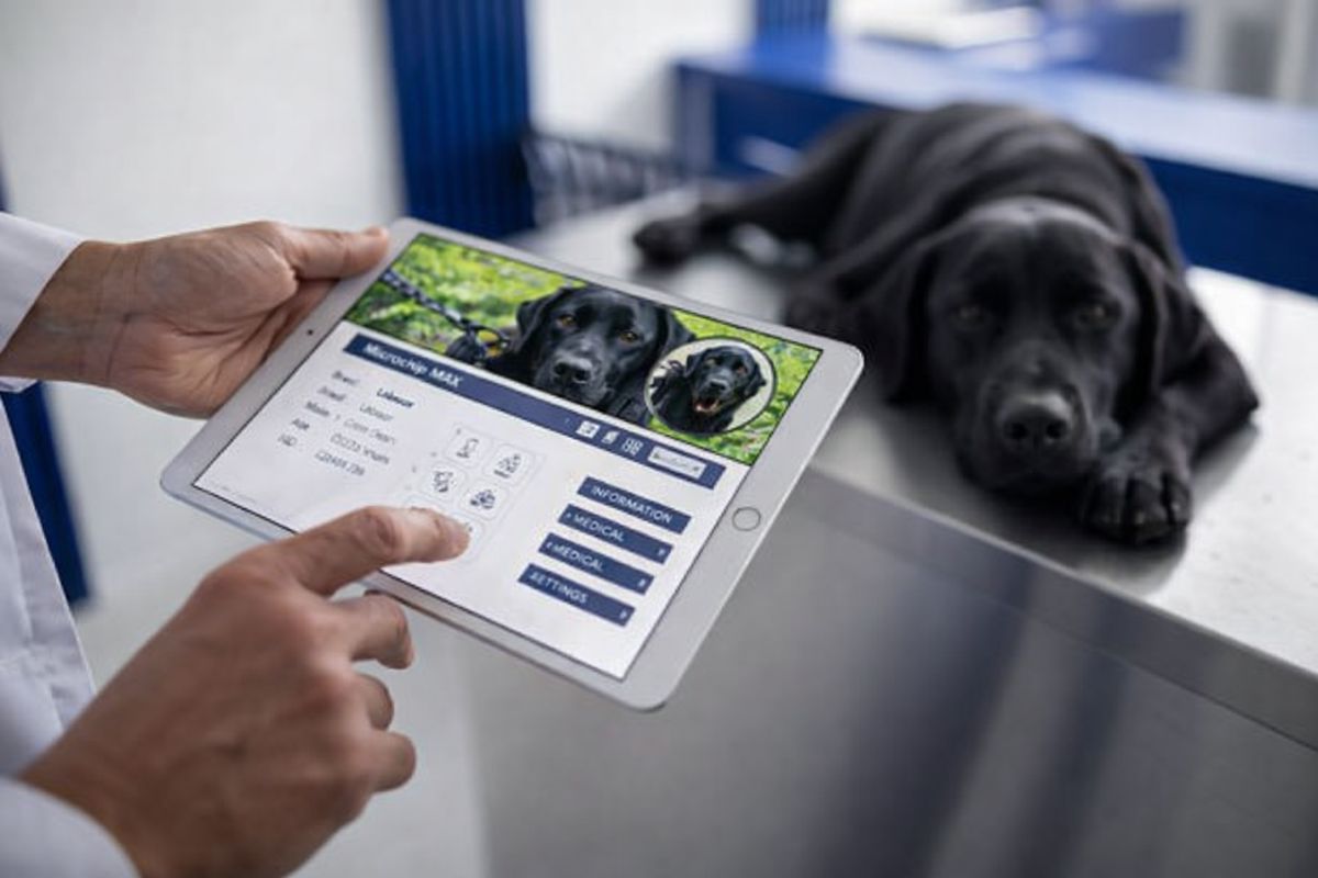 태블릿 화면에 블랙 래브라도 리트리버의 등록 정보가 표시되고, 진료대 위에는 같은 블랙 랩 반려견이 편안히 엎드려 있는 모습으로 동물등록제의 중요성을 보여주는 이미지