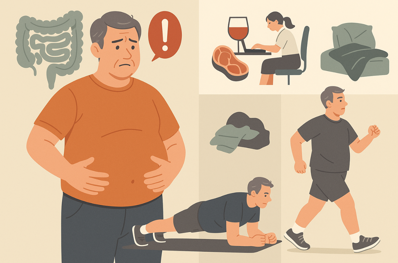 비만에 대처하기 위해 식단 관리, 운동을 실천하는 남성의 일러스트