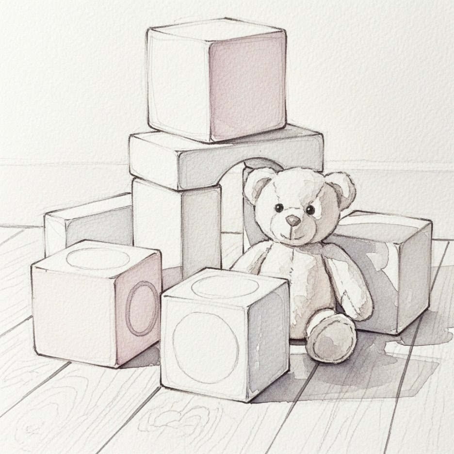 햇살 아래 놓인 아이의 장난감과 곰 인형