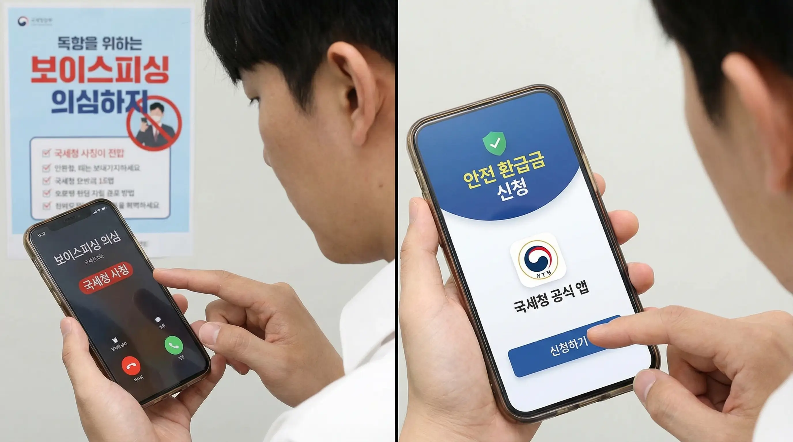 보이스피싱 전화를 단호하게 끊어버리고, 공식 앱을 통해 안전하게 환급금을 신청하는 모습