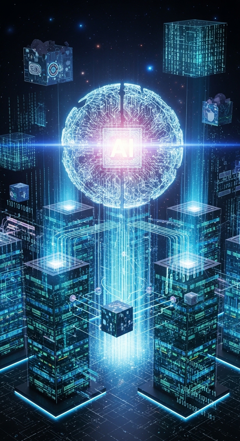 AI 기술과 데이터 센터를 상징하는 시각 자료