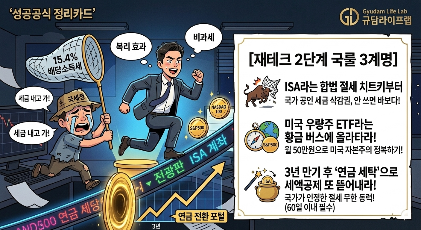 중개형 ISA 계좌 미국 S&P500 나스닥100 ETF 투자 및 연금저축 이전 절세 전략 요약 카드 - 규담라이프랩
