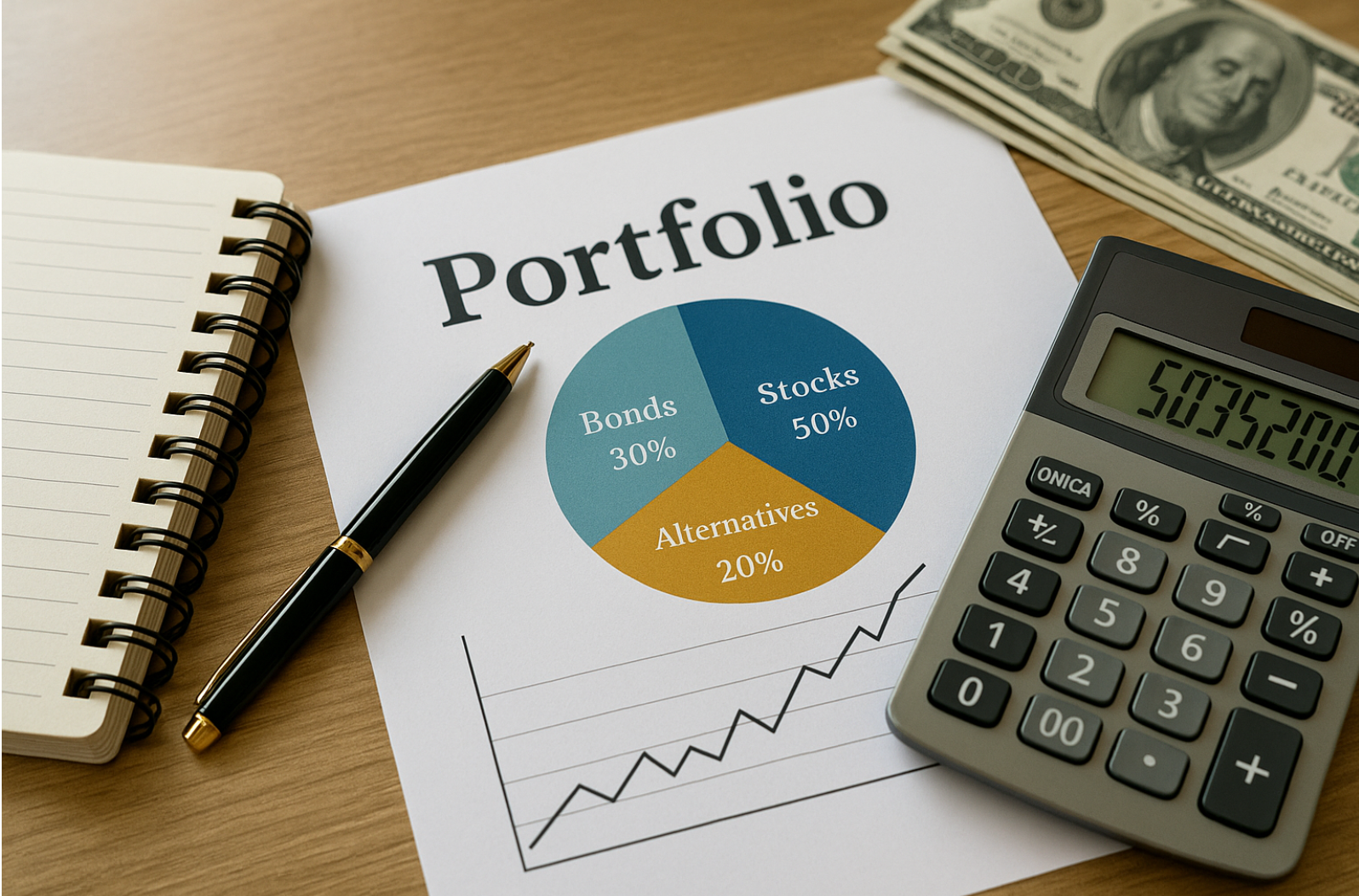 계산기와 포트폴리오가 있는 사진