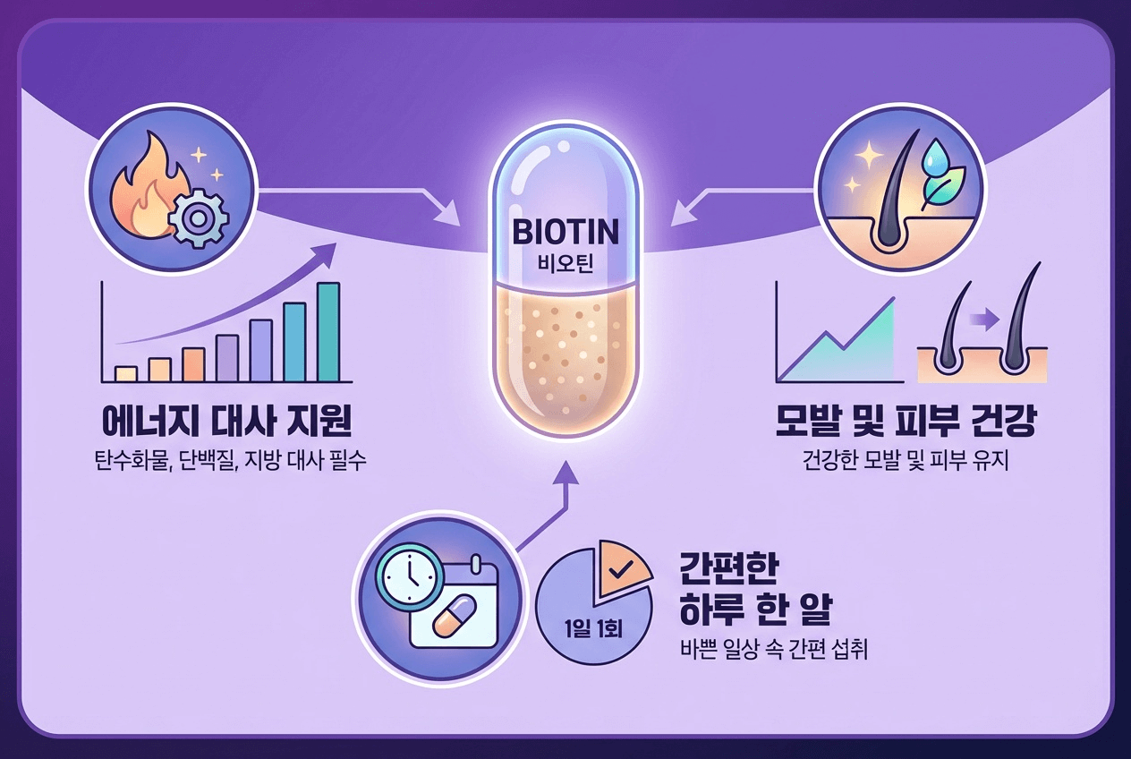 비오틴 캡슐을 중심으로 에너지 대사 지원, 모발 및 피부 건강, 하루 한 알 섭취 장점을 아이콘과 그래프로 정리한 비오틴 인포그래픽