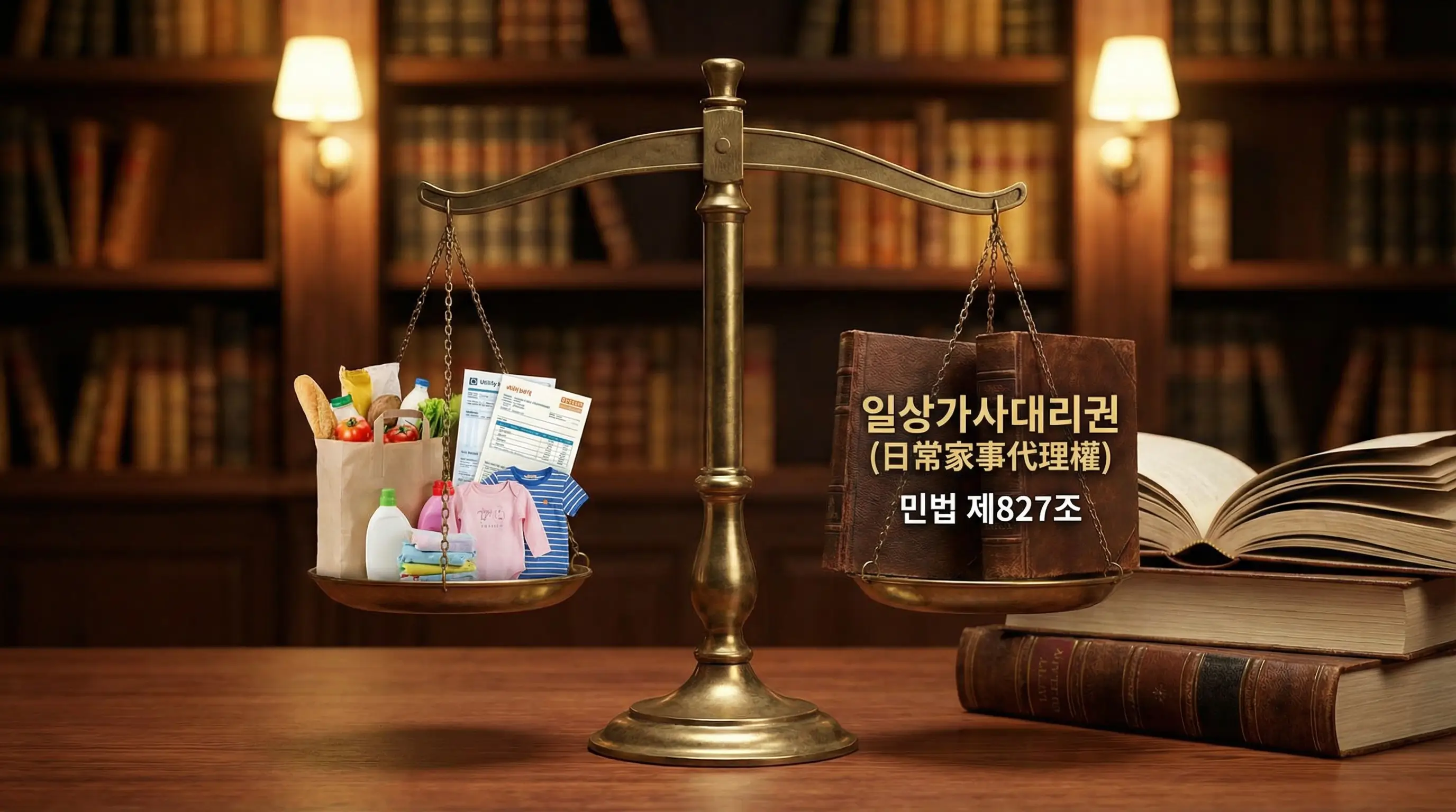 일상가사대리권의 법적 범위를 설명하는 저울과 법전 이미지