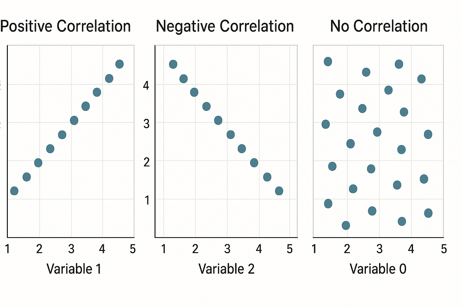 양의 상관, 음의 상관, 상관 없는 산점도 비교