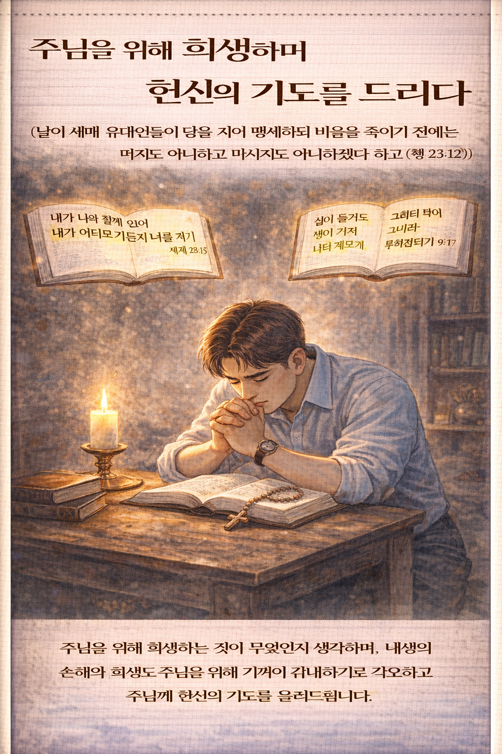 행 23:12 말씀을 보며&amp;#44; 바울의 목숨을 건 사역의 자취를 바라보며 오늘날 나는 주님을 전하기 위해 조금도 손해보지 않으려는 마음을 가지고 살아가는 것에 대해 생각하게 되었고&amp;#44; 주님을 위해 희생하는 것이 무엇인지 생각하며 헌신의 기도를 드리는 모습입니다.