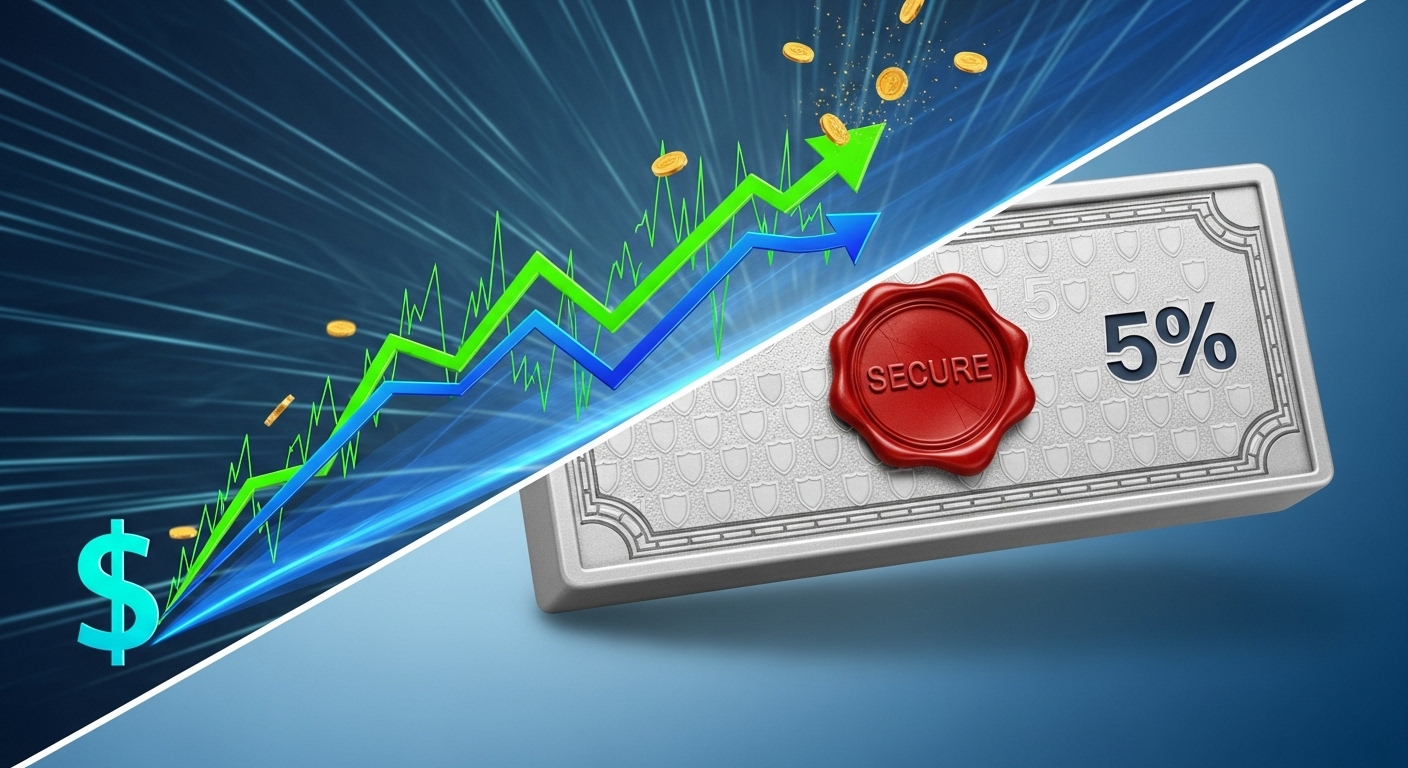 높은 수익률을 나타내는 그래프와 안전한 채권 모양의 상품이 함께 있는 모습: 투자 상품 운용 차이를 상징